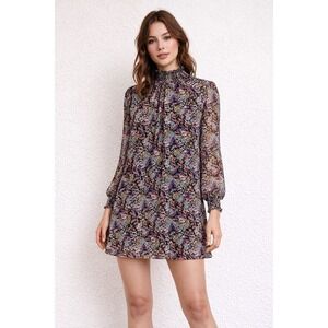 Women's Black Floral High Neck Long Sleeve Short Swing Mini Dress LARGE